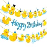 CANDY CHEF Duck Happy Birthday Banners 3Pcs Duck Birthday Decorations Blue Glitter Rubber Duck Birthday Party Banners Duck Birthday Party Supplies for Rubber Duck Decorations