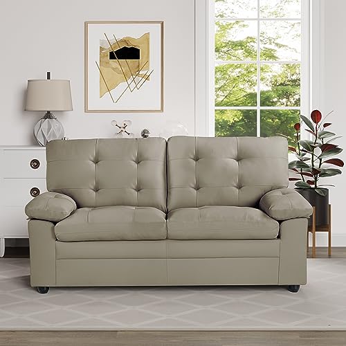 Urban Home Furniture Grayson Tufted Apartment Sofa, Padded Arms, Grey Faux Leather-Vegan, Tufted Back - Grey Faux Leather
