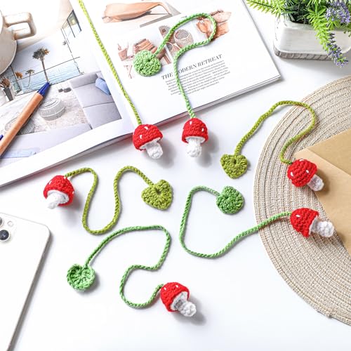 6 Pcs Crochet Bookmarks Mushroom Plant Handmade Knitted Bookmarks Crochet Page Markers Curtain Tiebacks Appreciation Gifts for Readers Teachers Mother Book Lovers Cottagecore Decor