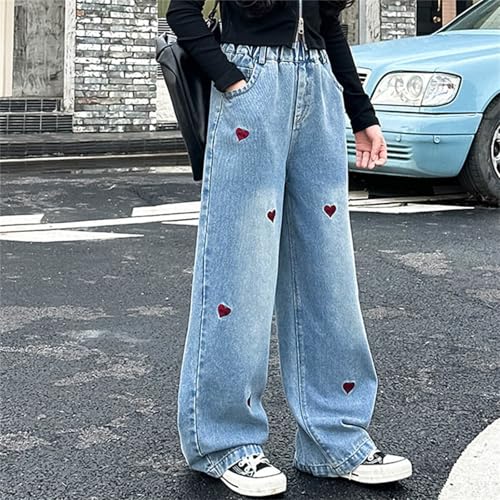 Kids Cute Heart Print Jeans Baggy Wide Leg High Elastic Waist Pants Girls Straight Leg Denim Trousers with Pokets3