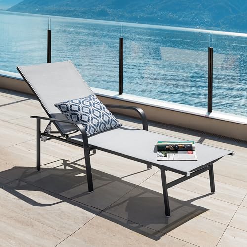Image of NUU GARDEN Aluminum Outdoor Chaise Lounge Chair, Patio Outdoor Textilene Lounge Chair with 6 Position Adjustable Backrest and Curved Armrests, for Outside, Patio, Garden, Poolside, Gray