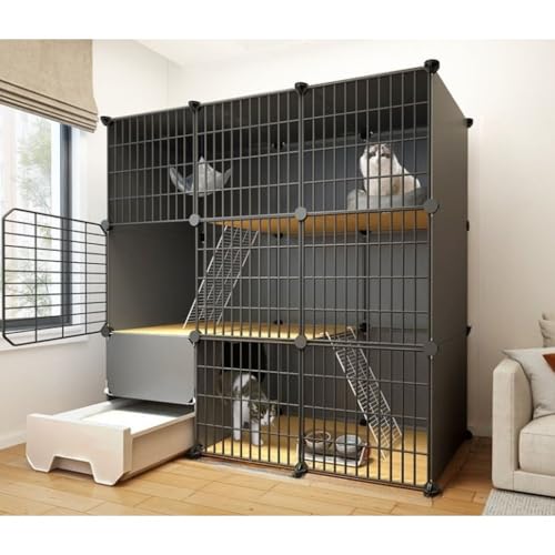 Momgla猫ゲージ、猫 ケージ 3段、トイレ付き トイレ付き、猫ベビーサークル猫エンクロージャ小動物、1-3匹の猫に最適な運動場所 広いスペースのあるトイレとトイレボックスを備えた猫用ケージ (3x3,ブラック)
