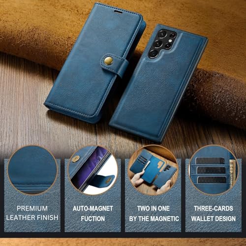 Image of Scalebee BackCover for Samsung Galaxy S23 Ultra Magnetic Detachable 2 in 1 Split Leather Wallet Phone Cover,Genuine Leather Wallet Case,Magnetic Pouch Shell (Blue)