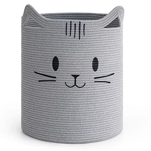 Image of INDRESSME Laundry Basket, Cute Cat Basket with Handles, Tall Woven Basket, Baby Hamper for Nursery, Blanket Basket for Living Room, Storage Basket for Toys, Dirty Clothes, 16"L x 20"H, Grey