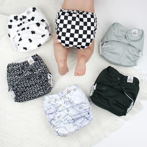 Image of Mama Koala 3.0 Pocket Cloth Diapers for Babies with AWJ Lining, 6 Pack with 6 4-Layer Natural Cloth Diaper Inserts - Reusable and Washable Pocket Diapers (Black and White)