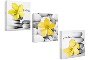 Yellow and Gray Zen Flower Canvas Wall Art Set of 3 - "Relax, Soak, Unwind"