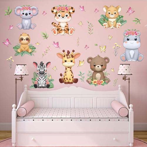 Image of PinkEleph Forest Baby Animals Wall Decals - Giraffe Tiger Lion Bear Hippo Koala Wall Stickers - Baby Nursery Kids Room Daycare Playroom Classroom Wall Decor