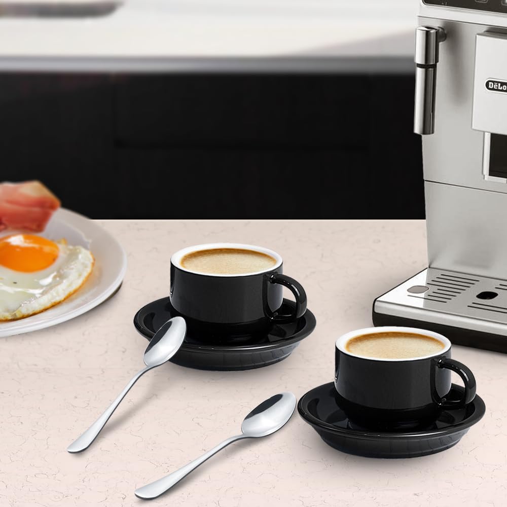 homEdge Juego de 4 tazas y platillos de café espresso prémium con cucharas de acero inoxidable para espresso, 2.5 onzas, color negro
