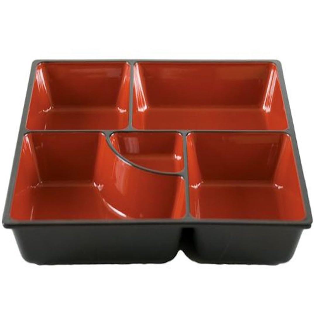 Happy Sales HSLT-TRY9SQ, Japanese Sushi Tray Lunch Plate Divided Box Tray Bento box Tray Divided Plate Traditional Plastic Lacquered Box Tray for Restaurant or Home Made in Japan, Square Design Red