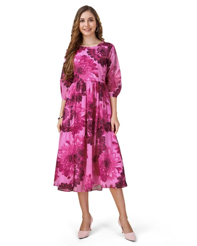 Image of MOJILAA Women's Georgette Floral Printed Gathered Dress