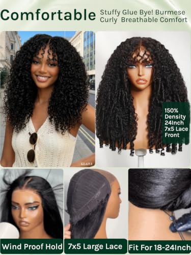Image of KLAIYI Burmese Curly Bang Precut 7x5 Lace Wig Human Hair Finger Ends 24Inch | Bye Bye Slip Kinky Curly Glueless Lace Front Wig Drawstring Pre Plucked Bleached Knots 30S Ready to Wear and Go Beginner Wig