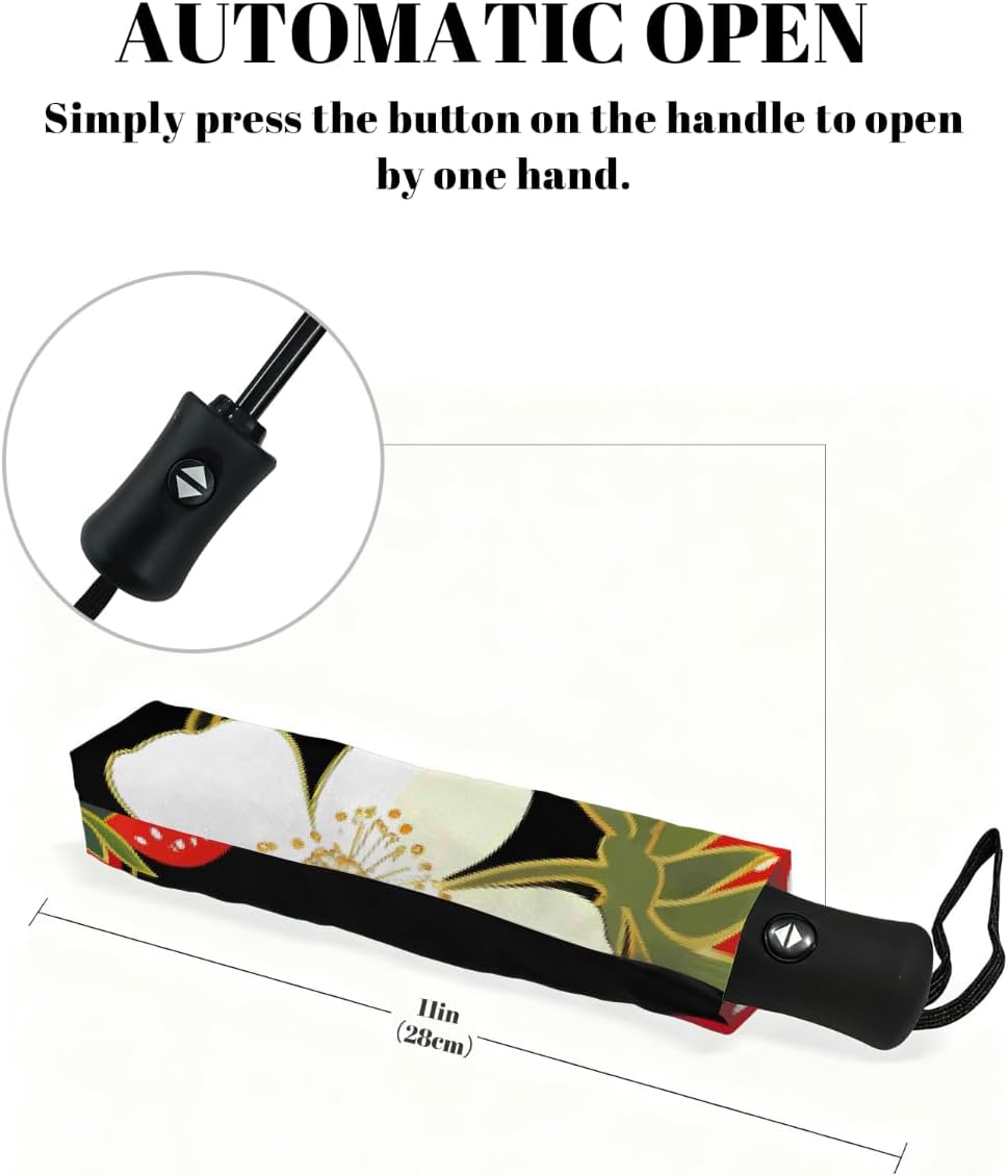 Fruit Strawberry Flower Pattern Folding Umbrella Windproof Compact Lightweight Travel Umbrella with 8 Reinforced Ribs, Portable UV Sun & Rain Protection for Men & Women