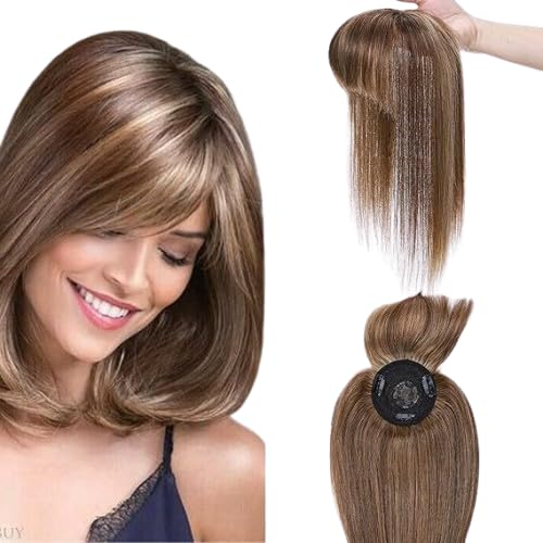 7CATS 3 Clip-in Synthetic Hair Topper with Bangs – Hairpiece for Thinning Hair or Hair Loss, Natural Look Wiglet (18 Inch, 38g, golden Highlight Brown)