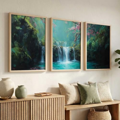 Image of kotart Abstract Nature Art Framed Paintings | Big Aesthetic Waterfall View Painting | Vastu Frames for Bedroom Living Room Wall Decor Set Of 3 (14x20 Inch)