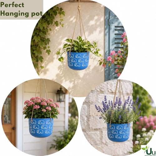 Image of Urban Upvan Elephant Printed Blue Hangingpot with Rope - Premium Decorative Planter for Indoor & Outdoor Plants, Modern Elegant Flower Pot for Home, Garden & Office
