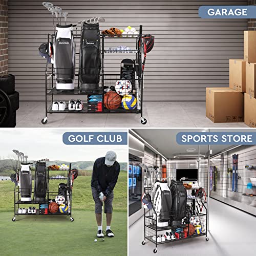 Sports Equipment Organizer, Sports Storage for Garage, Golf Bag Storage Rack, Golf Organizer Stand for Golf Club, Ball Storage Cart with Wheel for Garage, Gym, Shed, Outdoor
