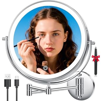 Foto di Auxmir 10" Specchio Trucco con Ingrandimento 30X/1X, Specchio da Parete a 54 LED 3 Colori di Luce, Specchio Estensibile, Rotazione a 360°, Alimentato Batterie Ricaricabile 5000mAh, per Bagno Hotel Spa
