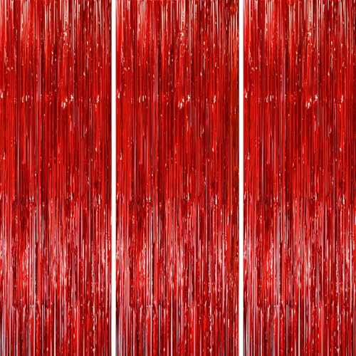 Rideau à franges métalliques décoratif rouge de 2 x 1 m pour fête