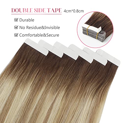 Image of Sixstarhair Tape In Hair Extensions Rooted Brown Fading to Ash Brown Mixes with Beach Blonde Hair Extensions 20 Pieces Remy Human Hair Extensions [Color R3-8P613# 16inch]