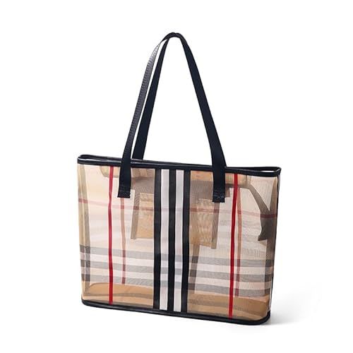 Generic Brown Stripe Nylon Mesh Female Shoulder Bag, Fashion Tote, Large, Waterproof, Adult Women's Travel Tote, Shoulder Strap