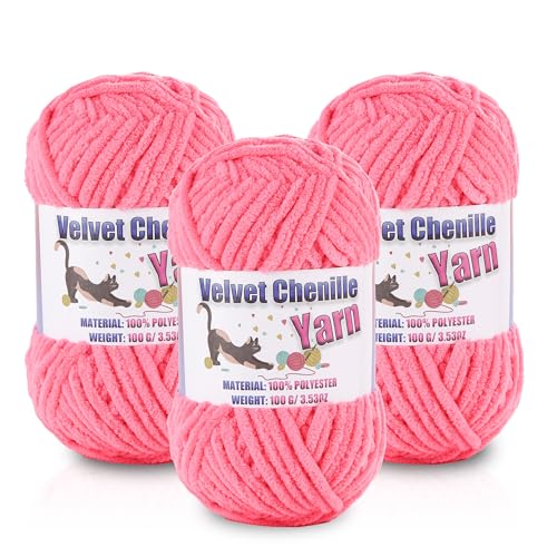 Image of 3 * 100g /3.5oz Fluffy Chenille Yarn for Crocheting, Chunky Velvet Yarn for Crochet Amigurumi, Used for Making Baby Yarns Blanket, Clothes, Pattern Knitting Creations (Dark Pink)