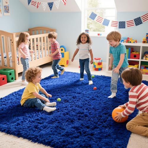 Area Rugs for Bedroom Living Room, 8x10 Soft Large Fluffy Fuzzy Shag Plush Furry Carpet, Soft Indoor Floor Mat for Kids Nursery Home Dorm Office Decor Aesthetic, Blue
