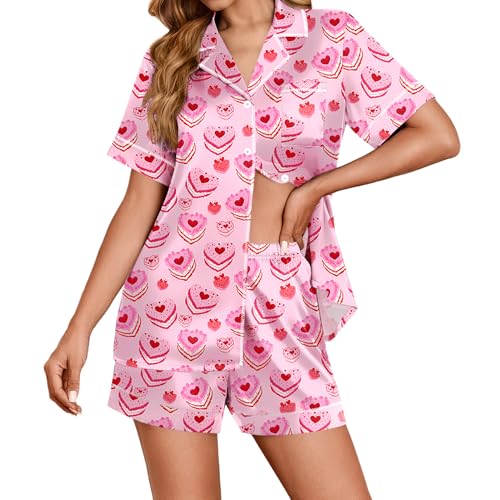 Image of Ekouaer Womens Satin Silk Pajamas Set Short Sleeve Sleepwear Button Down Top and Shorts Loungewear 2 Piece Pjs Set S-XXL Heart-Shaped Cake Medium