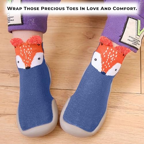 Image of BEMBIKA Baby Sock Shoes - Soft, Stretchy, Cotton Baby Sock Shoes for Infants - Baby Booties with Socks for Children, Ideal Kids Walking Sneakers Floor Socks for Indoor Use-(Blue Fox Size 18-19)
