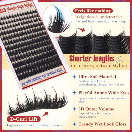 Image of FANXITON Anime Lash Clusters 8-14mm Manga Lashes Extension Volume Cluster Eyelash Extensions Spiky Eyelash Extensions Soft Eyelash Clusters 204Pcs DIY at Home