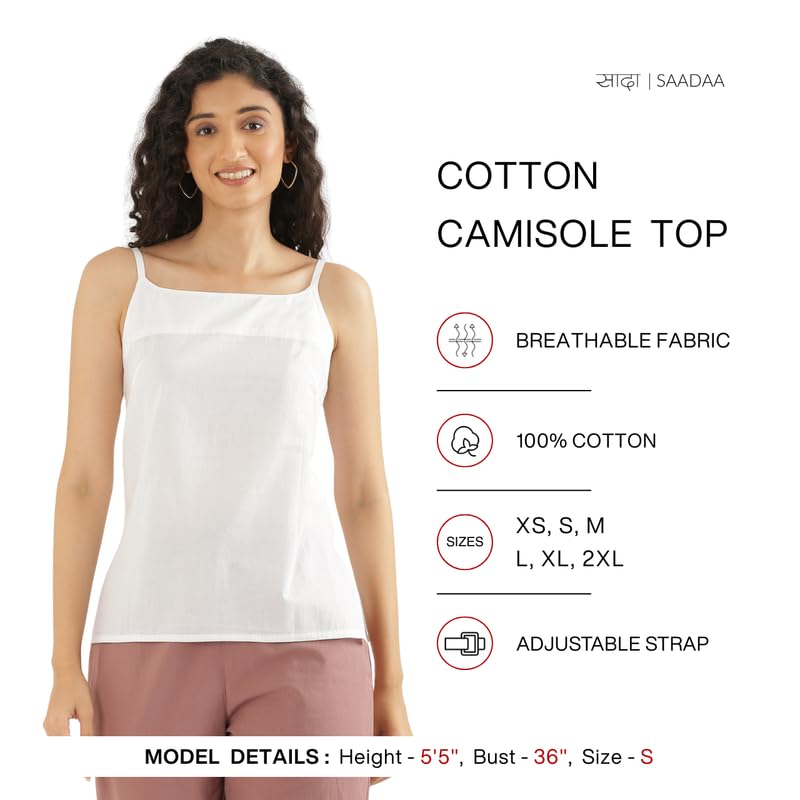 Image of SAADAA Women's 100% Cotton Camisole Top | Soft & Breathable Cambric Fabric | Adjustable Straps, Square Neckline | Comfortable All-Day Wear