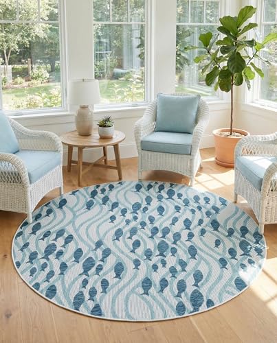Tapete redondo azul 7'10" Rugs.com Outdoor Coastal miniatura 3