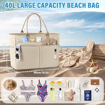 IGOLUMON Strandtas XXL, grote sporttas met ritssluiting, waterdicht, 40 liter, veelzijdige shopper, voor strand, zwembad, fitnessstudio, reizen, zwart, 47 cm x 21 cm x 36 cm