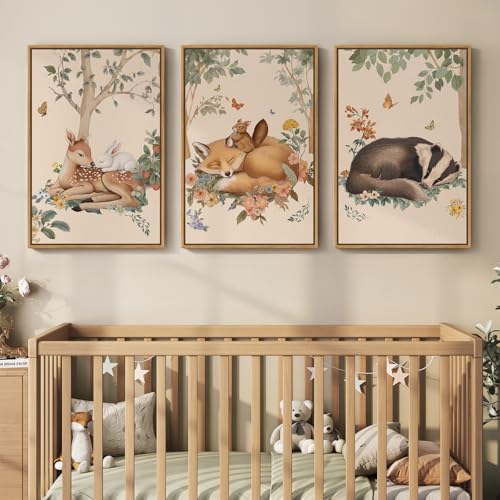 Framed Forest Animal Wall Art, 3 Piece Nature Whimsical Cottage