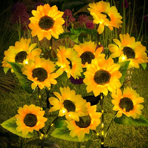 ILLUMINEW 4-Pack Solar Sunflower Garden Decor 12 LED Flower Stake Lights - Waterproof Long-Lasting Outdoor Solar Patio Decor for Lawn Yard & Pathway