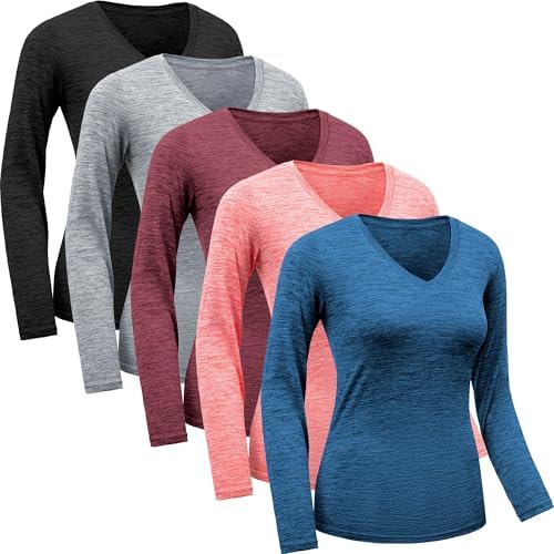 Womens Long Sleeve Workout Tops Moisture Wicking Athletic Shirts Running Quick Dry V Neck T Shirts for Women