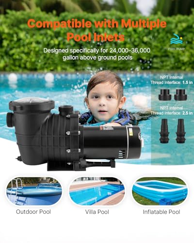 image for VEVOR Above Ground Pool Pump, 2 HP Single-Speed Operation Pump with 11