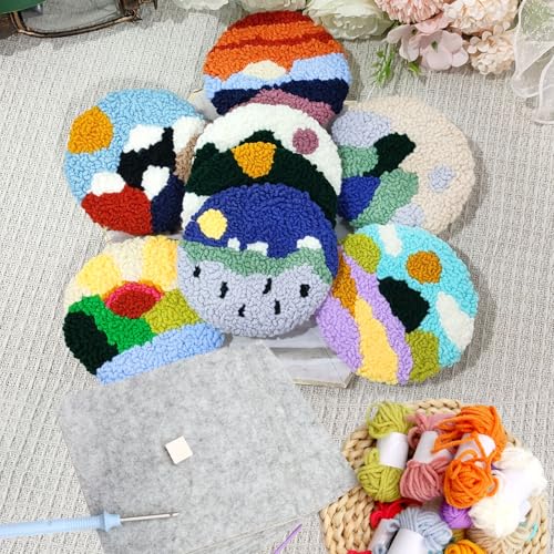Image of Soleeya Punch Needle Kits Adults Beginner 8 Pcs Punch Needle Coaster Kit Landscape Patterns Stitching Punch Embroidery Including Yarn Hoop Needle, Rug Tufting Coaster DIY Craft Gifts