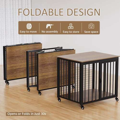 32" Medium Dog Crate Furniture Style with Wheels,Foldable Dog Crate End Table for Small/Medium Size Dogs,Indestructible Dog Cage Furniture Style Chew Proof No Assembly - Image 3