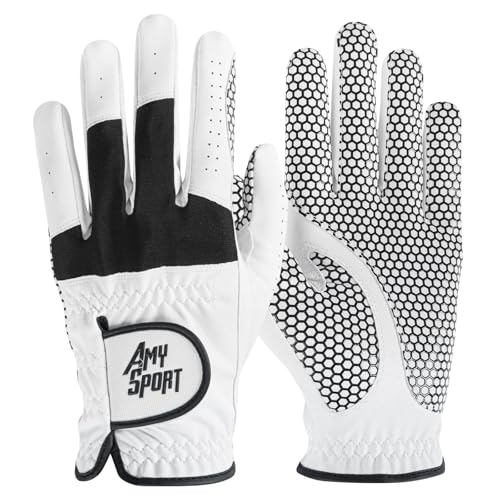 Amy Sport Golf Gloves Men Rain Grip Weathersof Hot Wet All Weather Leather Glove 1/2 Pack, Right Handed Golfer Left Hand Comfortable, Fit Size Small Medium Large XL (White/Black-2 Pack, Large, Left)