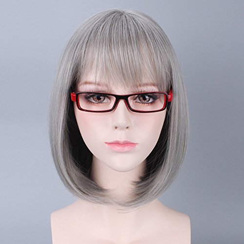 Short Straight Silvery Grey Wigs Heat Resistant Synthetic Natural Ombre Bob Cosplay Hair Wig for Women Shoulder Length