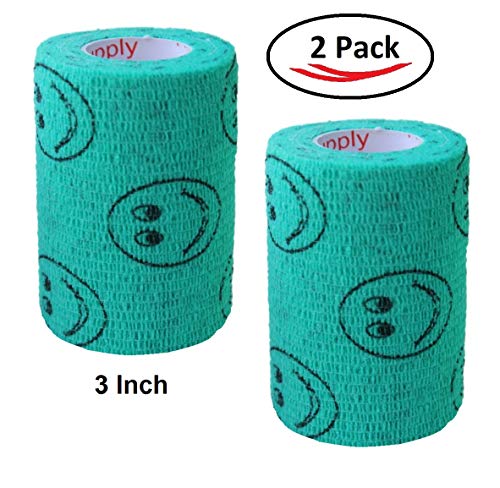 Image of Vet Wrap Wrap Tape (Teal with Smiles) (2 Pack) (4 Inch x 15 feet) Self Adhesive Adherent Adhering Cohesive Flex Self Stick Bandage Grip Roll Dog Cat Pet Horse