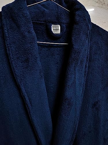 Image of Cotton Bolls Textiles Microfiber Fleece Bath Robe for Men | Shawl Collar With Long Sleeves| Lint Free | Anti-Bacterial | Super Soft Fabric (XL, Navy)