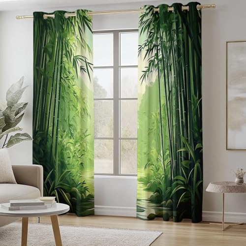 Cortinas Dormitorio Opacas, Caricatura Termicas Aislantes Frio y Calor Cortinas Salon, Cortinas Estampadas Verde Bosque De Bambú con Ojales 140 x 245 cm (2 Paneles)