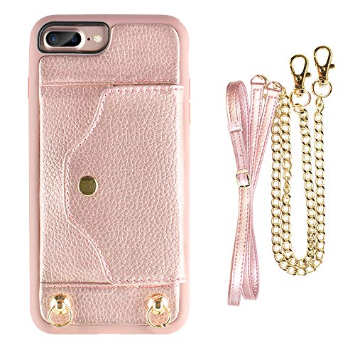 iPhone 8 Plus Wallet Case, LAMEEKU iPhone 7 Plus Case Leather with Credit Card Holder Slot, Protective Cover with Crossbody Chain Strap Wrist Strap for Apple iPhone 7 Plus/8 Plus 5.5 Rose Gold