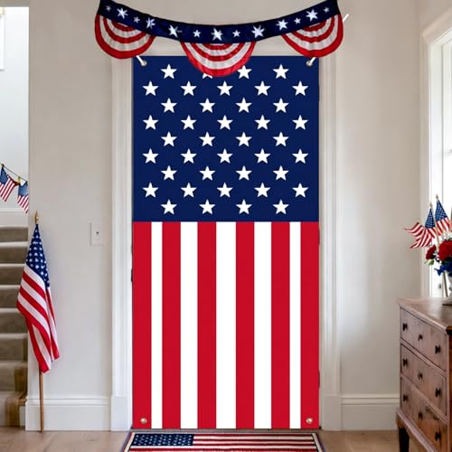 Image of BissYard American Flag Door Cover 71 x 35 Inches USA Flag Front Door Banner Patriotic Red White Blue Vertical Door Decoration for 4th of July Memorial Day Veterans Day