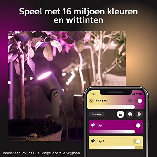 Philips Hue White & Color Ambiance Lily juego básico de 3 focos de jardín negro 3x350lm, regulable, hasta 16 millones de colores, controlable mediante aplicación, compatible con Amazon Alexa.