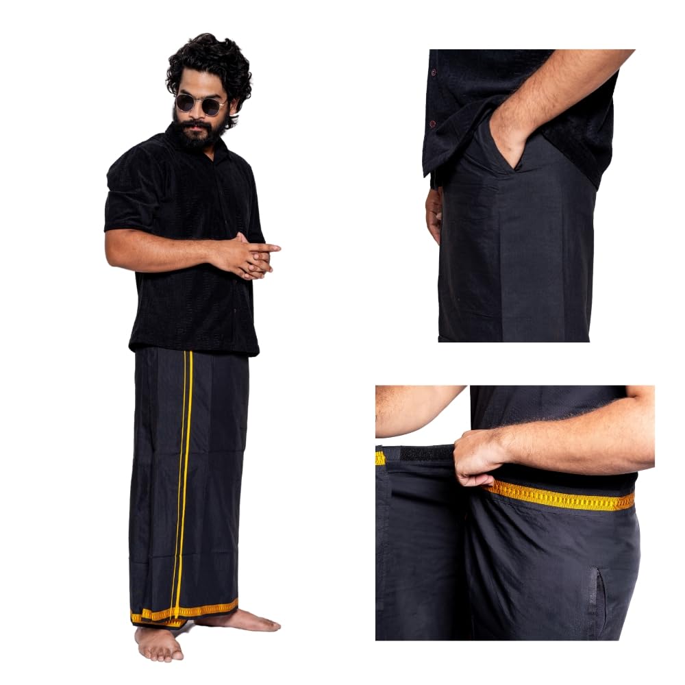 Men's Dhoti with Velcro, Gold Zari Border & Side pocket – Free Size, length 44 inches.