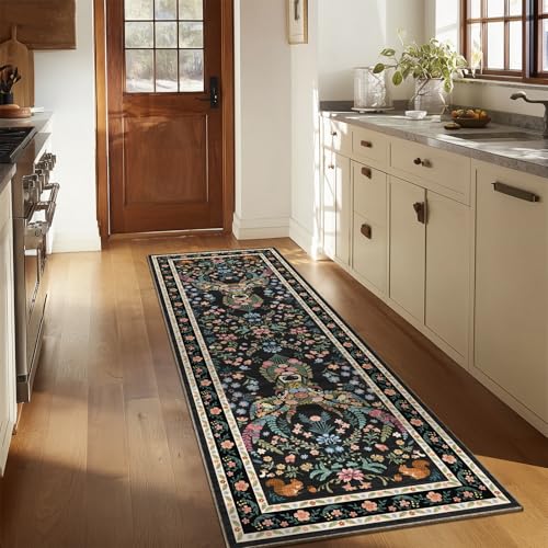Image of Area Rug Hallway Vintage Floral Deer Pattern 2x6 - Bohemian Forest Animal Carpet with Squirrel & Butterfly, Soft Decorative Area Rug for Living Room Bedroom Home Decor