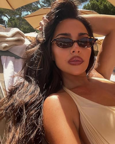 Image of GUVIVI Retro Oval Sunglasses for Women Chic Cat Eye 90s Sunnies Lightweight Narrow Shades Trendy UV protection Sun Glasses