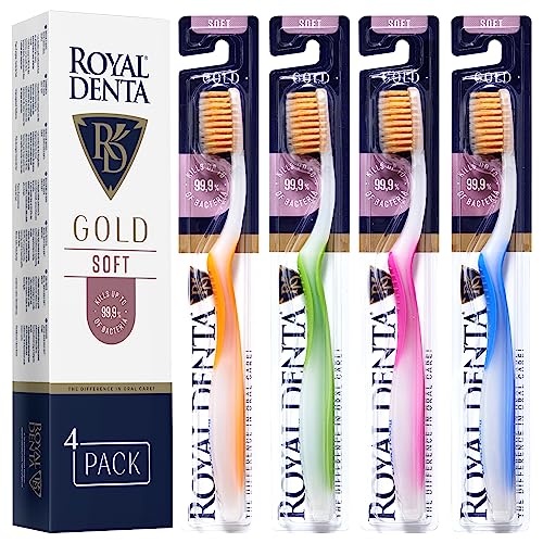 Royal Denta Toothbrush for Adults Multipack, Soft, Gold Infused Dual-Length Bristles Toothbrush Head Perfect as Interdental Brush, Soft on Gum & Enamel, Ergonomic Grip Handle for Daily Oral Care